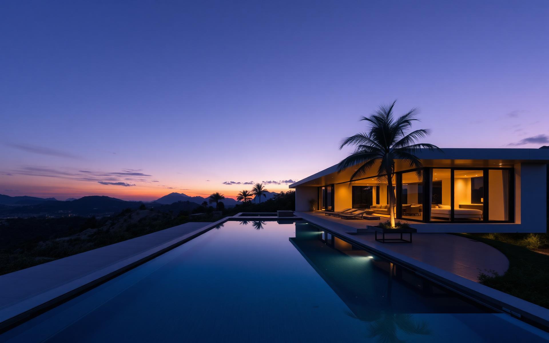 Residência contemporânea de alto padrão ao entardecer